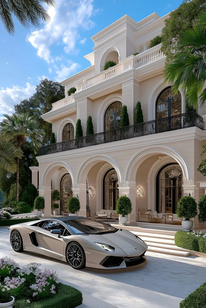 Mediterranean-style luxury villa with arched columns, ironwork balconies, palm trees, and a Lamborghini parked in the driveway.