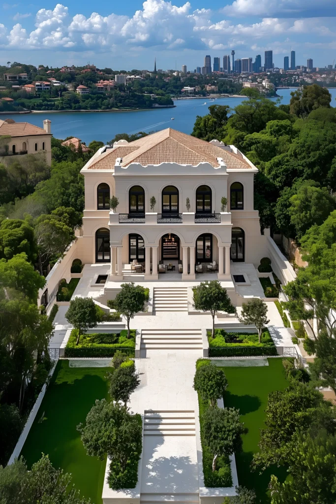 Mediterranean-inspired villa with terracotta roof, arched windows, tiered gardens, and a scenic waterfront backdrop featuring a city skyline.