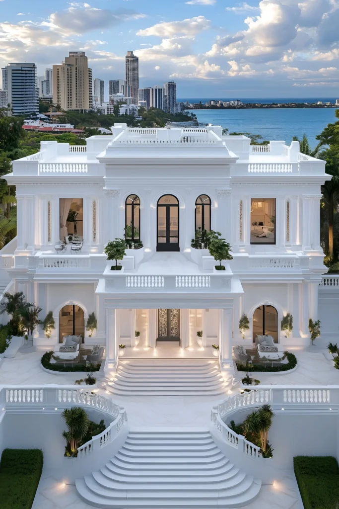 Neoclassical white mansion featuring arched windows, grand staircases, coastal terraces, and panoramic views of the ocean and urban skyline.