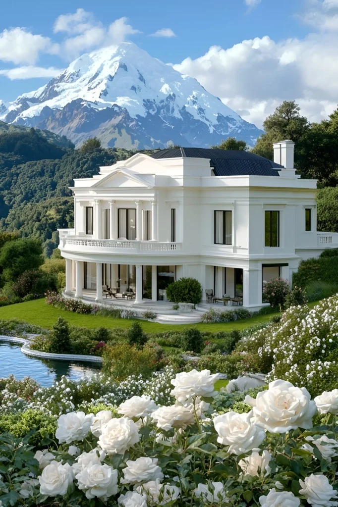 Elegant neoclassical white villa surrounded by lush gardens, a serene pond, and stunning mountain views.