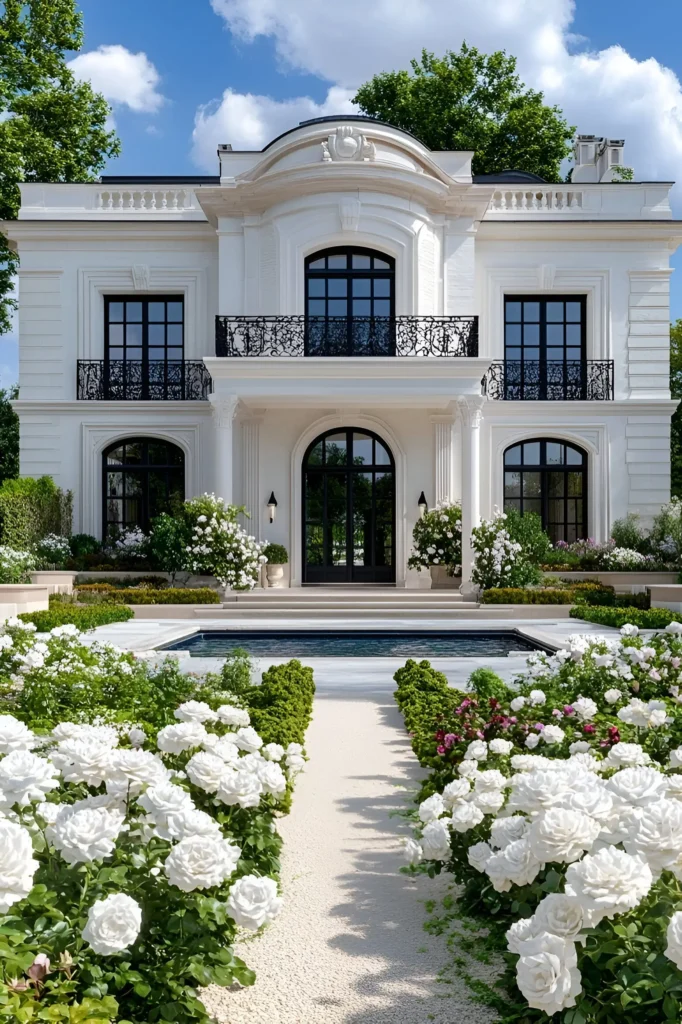 Classical white villa with wrought-iron balconies, arched windows, and a serene pool surrounded by vibrant white rose gardens.