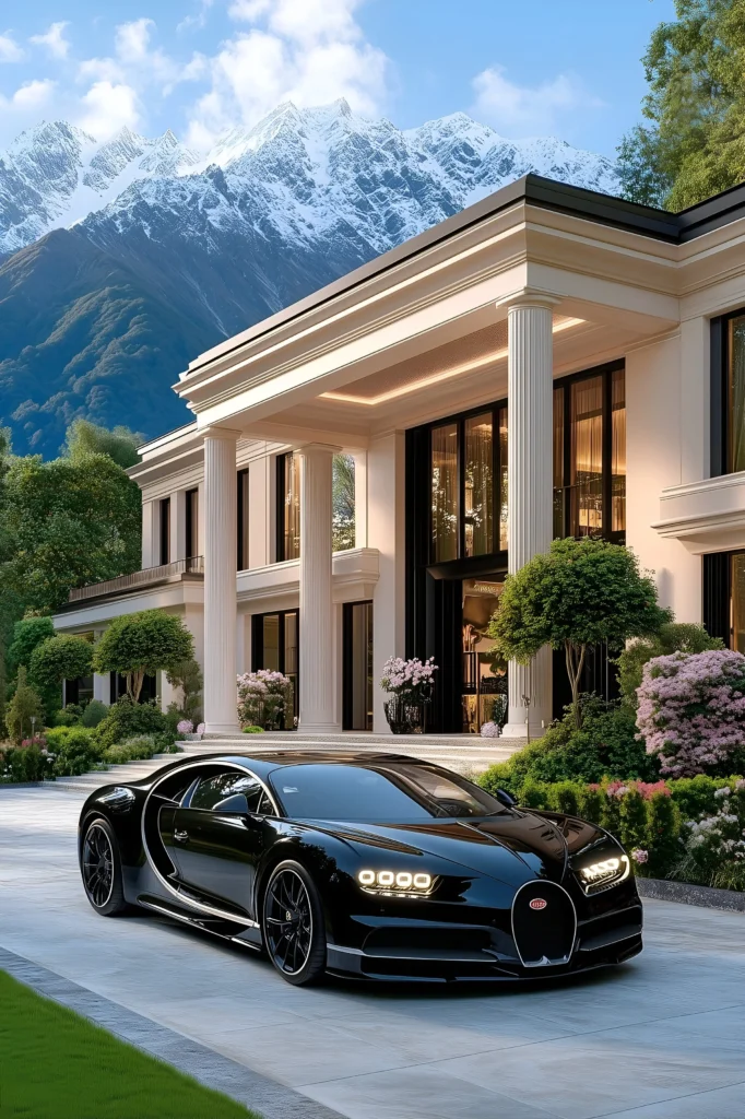 Luxury modern estate with grand columns, glass windows, lush gardens, and a black Bugatti Chiron parked in the driveway, set against stunning snow-capped mountain peaks.