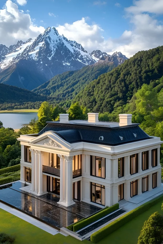 Luxury classical estate featuring grand columns, large windows, and a black marble terrace, surrounded by greenery with a lake and alpine mountains in the background.