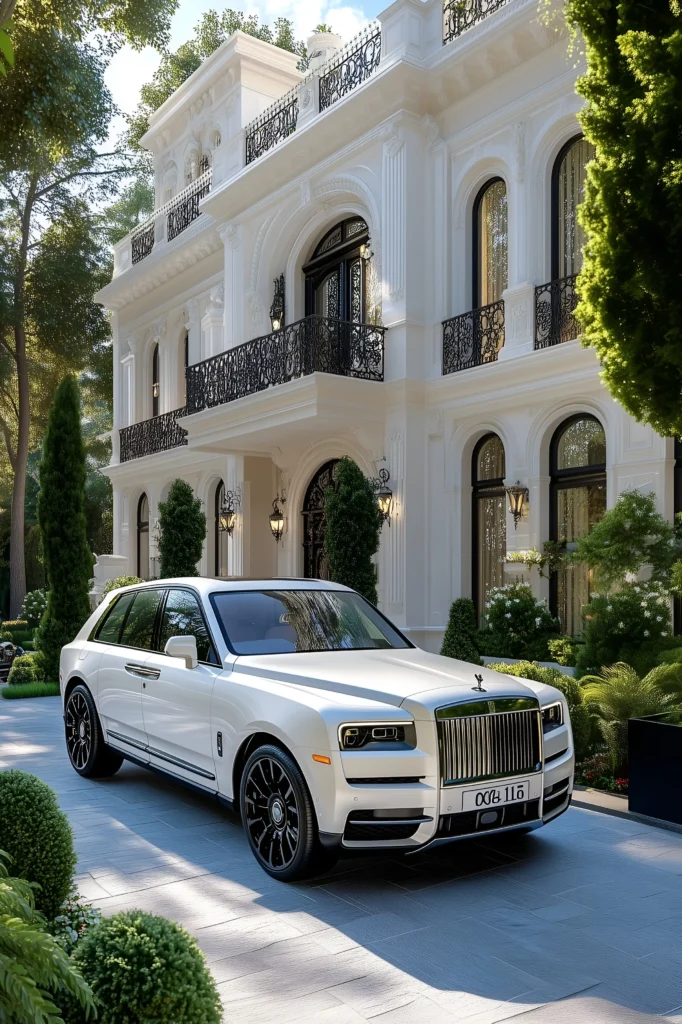 Elegant white villa with wrought-iron balconies, arched windows, lush greenery, and a Rolls-Royce Cullinan parked on a stone-paved driveway.