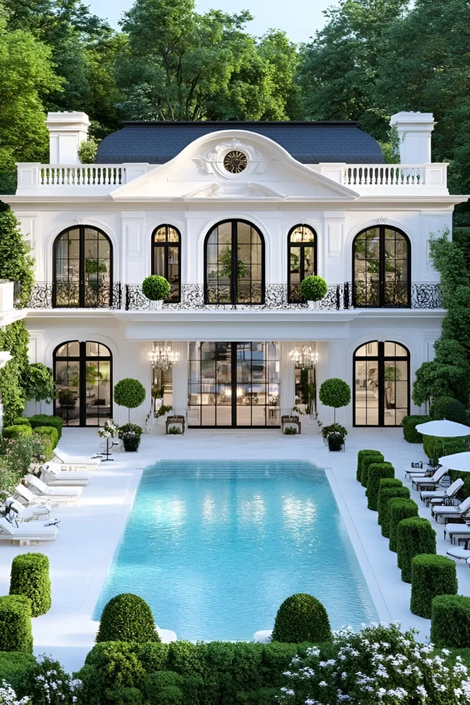 Luxury white villa with arched windows, black wrought iron balconies, a sparkling blue pool, and lush greenery surrounding the courtyard.