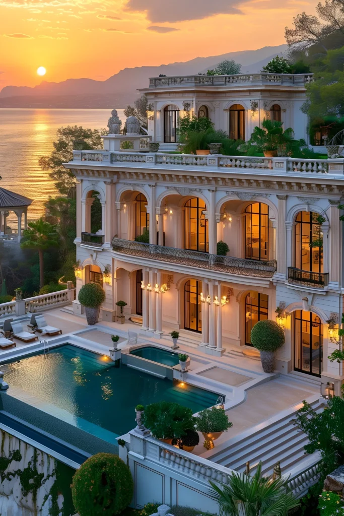 Mediterranean-style villa with arched balconies, ornate columns, an infinity pool, and stunning sunset views over the sea.