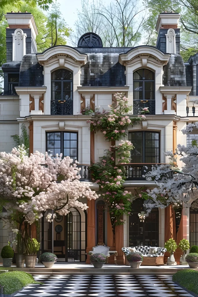 Elegant château featuring climbing roses, blooming cherry blossoms, intricate iron balconies, and a checkered courtyard with cozy outdoor seating.