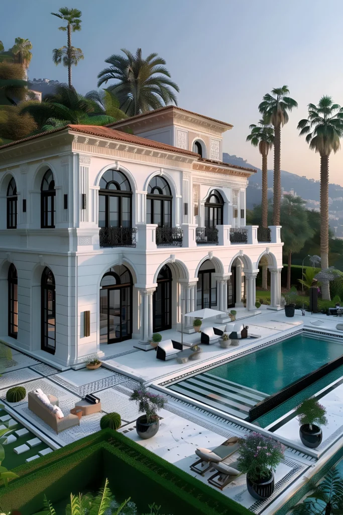 Mediterranean-style villa with arched windows, wrought-iron balconies, a luxurious pool, and palm trees. Outdoor seating area and lush greenery complete the tranquil design.