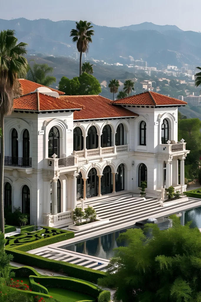 Mediterranean-style mansion with terracotta rooftops, arched windows, a reflective pool, and manicured gardens, set against a backdrop of rolling hills and a distant cityscape.

Luxury Home Designs