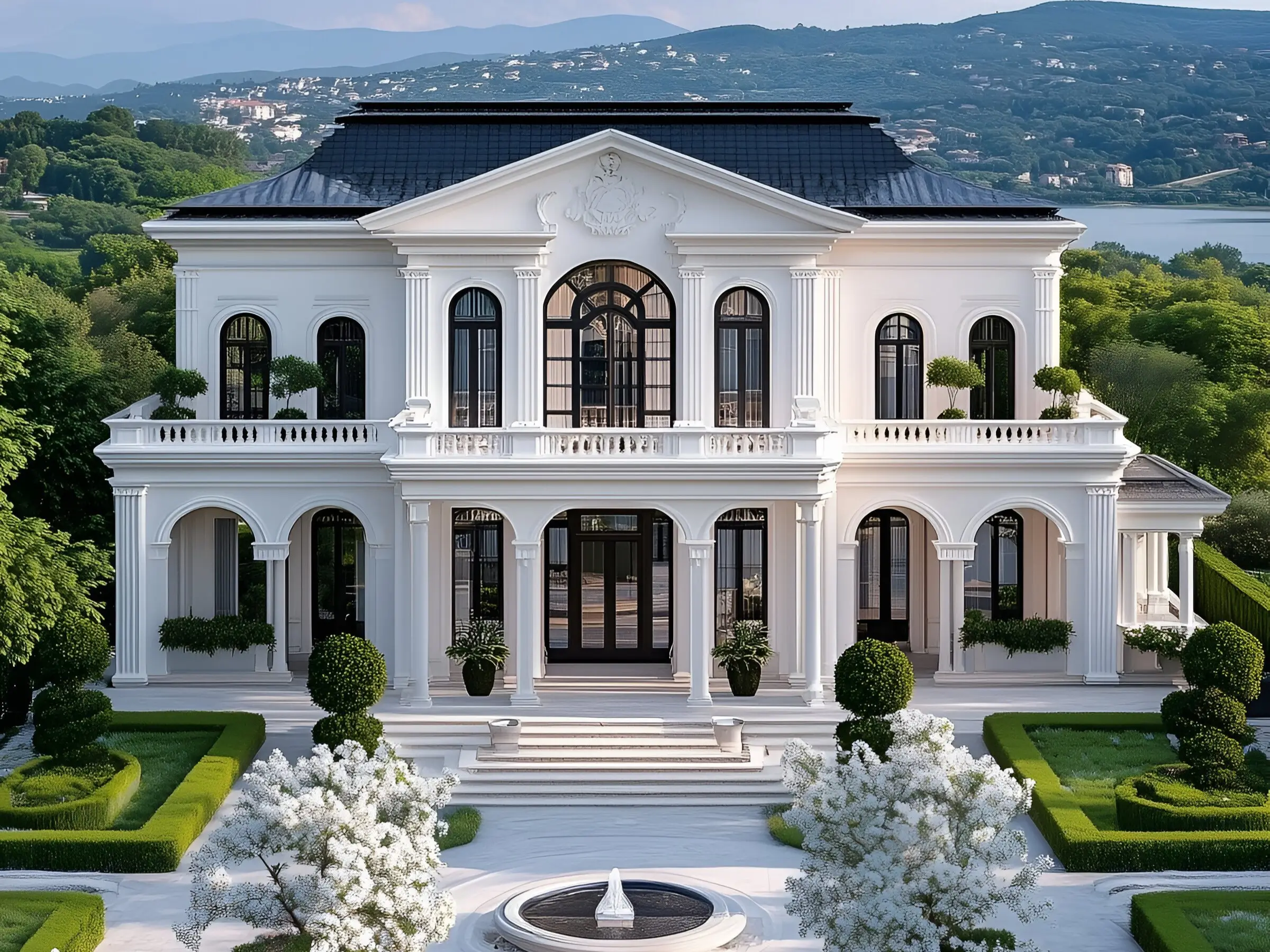 Elegant white neoclassical mansion with columns, arched windows, manicured gardens, and a backdrop of verdant hills and a shimmering lake.