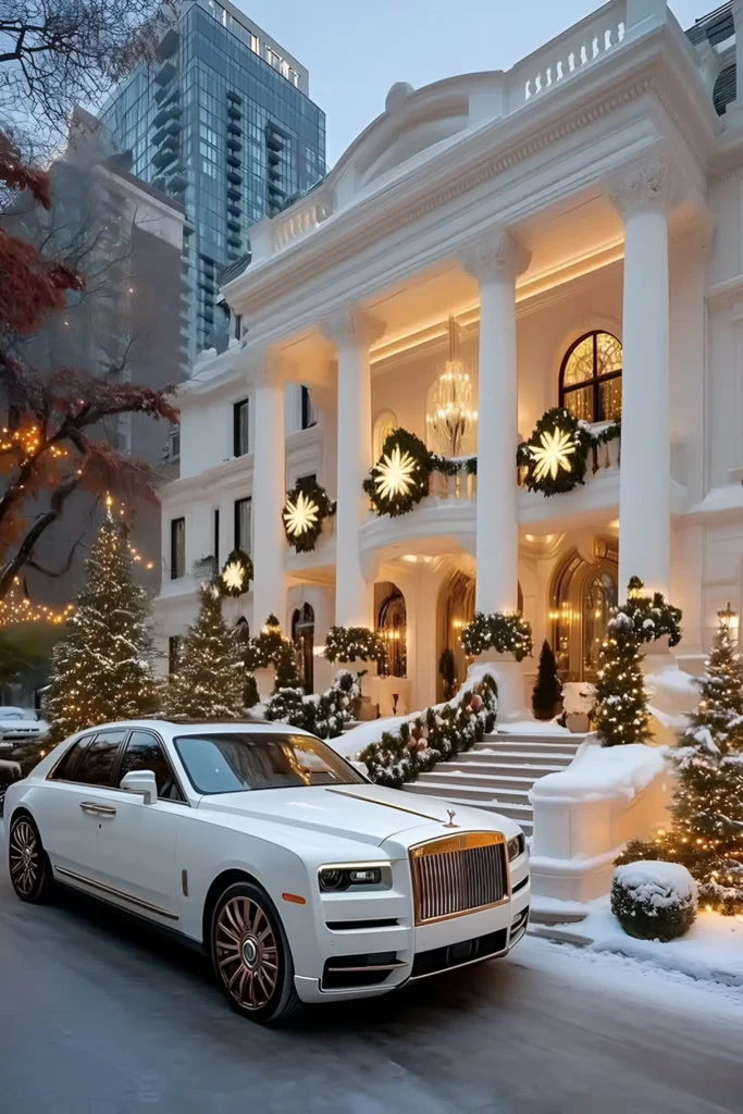 Luxury mansion with white columns, festive holiday lights, wreaths, snow-covered steps, and a white Rolls-Royce parked in front.