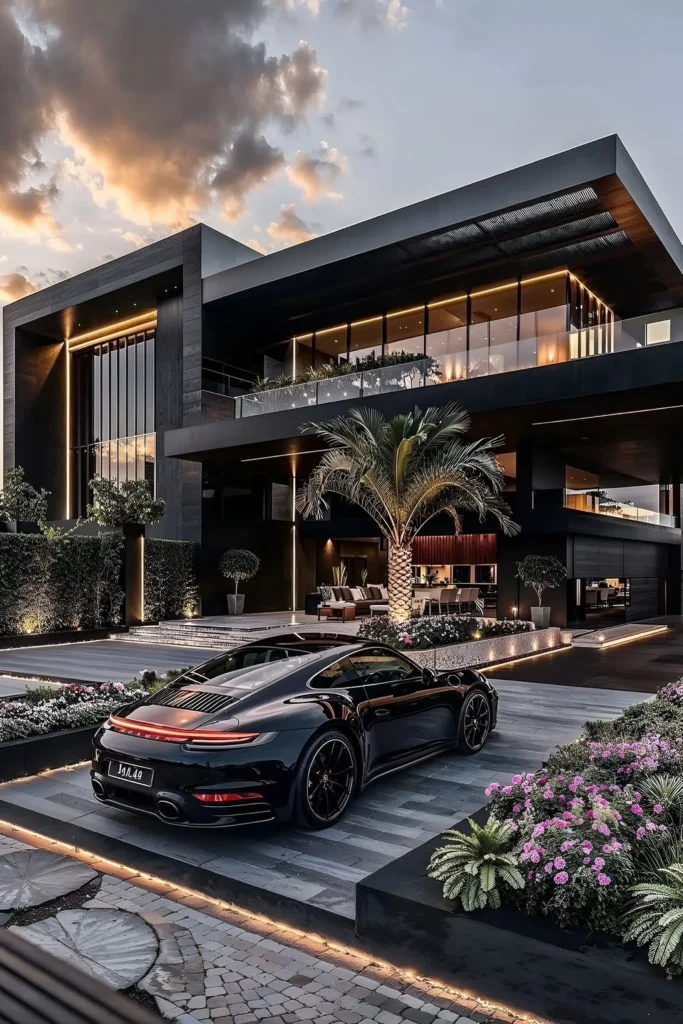 Modern luxury house with glass facade, dramatic lighting, a palm tree in the courtyard, vibrant flowers, and a black sports car parked in the driveway.