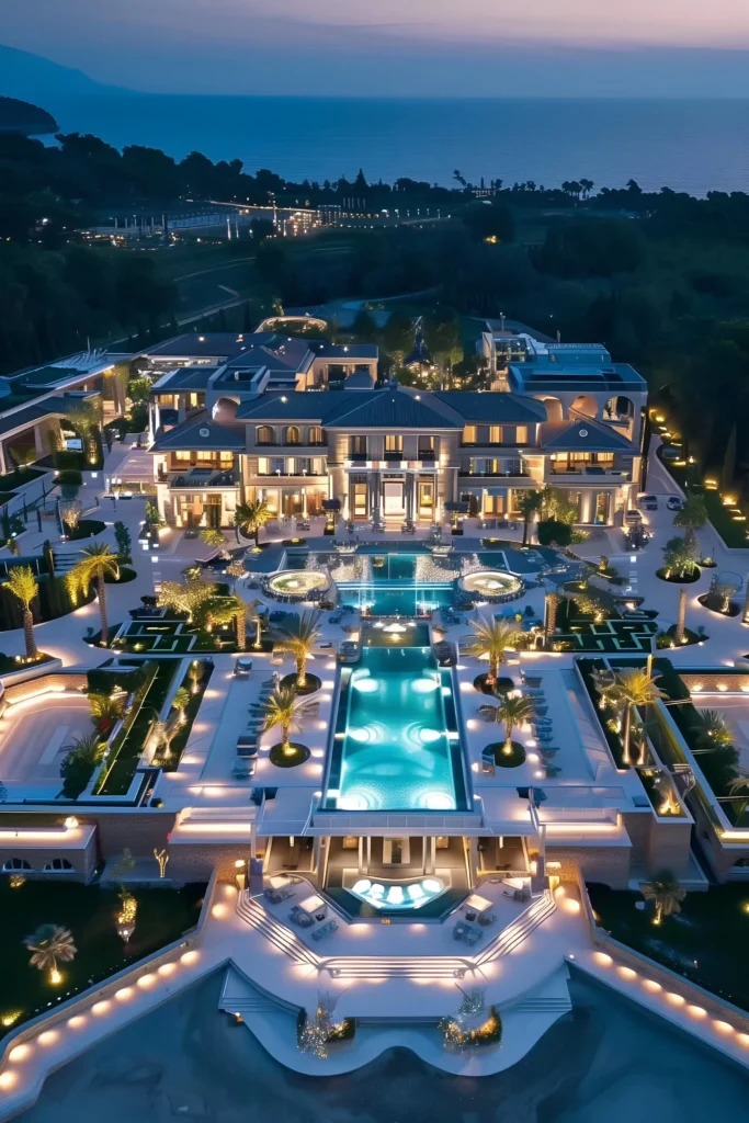 Aerial view of a luxury seaside estate featuring an infinity pool, symmetrical architecture, palm trees, landscaped gardens, and glowing night lighting.