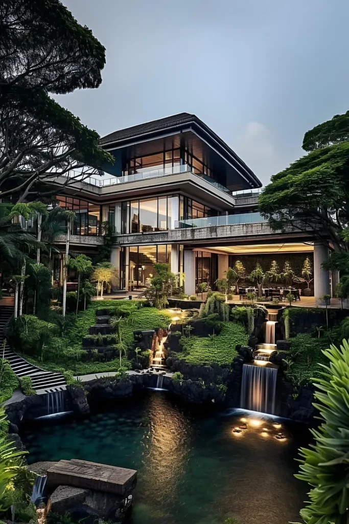 Luxury home surrounded by greenery with cascading waterfalls, a serene pond, expansive glass walls, and modern architectural design.