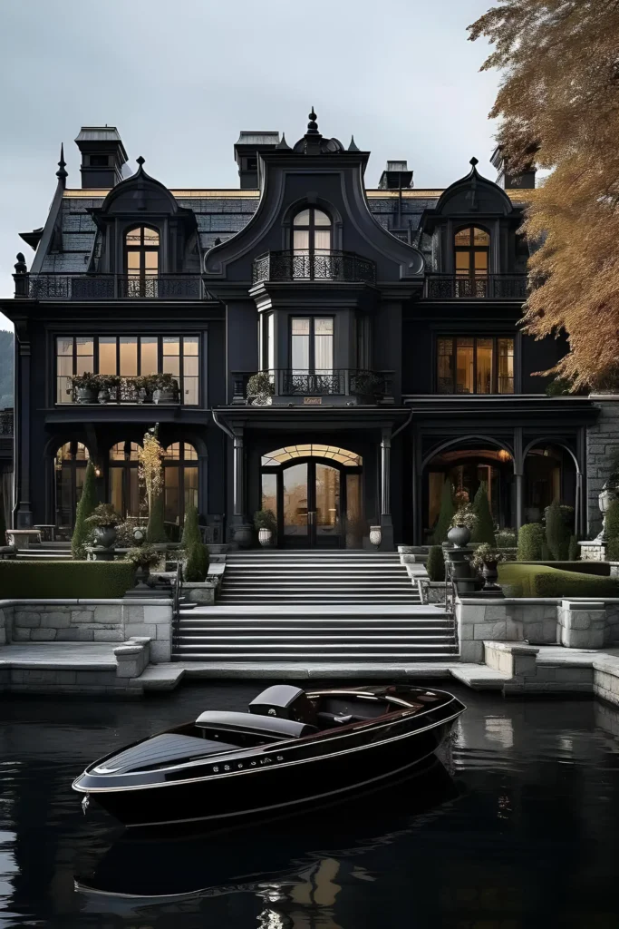 Gothic-style lakeside mansion with a dark facade, grand staircase, intricate architectural details, and a black speedboat docked at the waterfront.