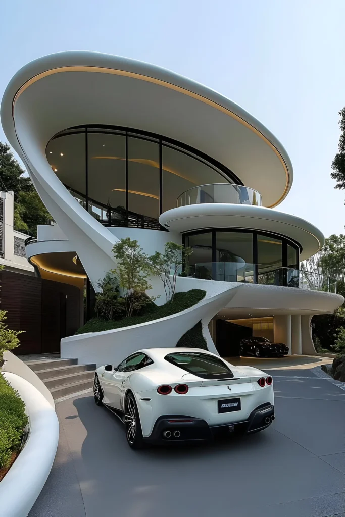 Futuristic luxury home with curved architecture, glass facade, cantilevered balconies, and a white sports car parked in the driveway.