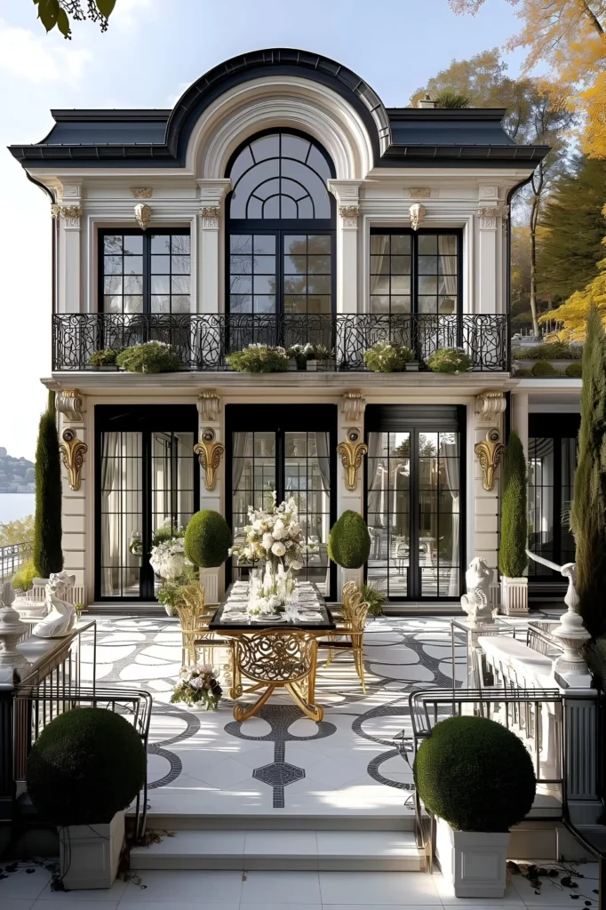 Classical luxury mansion with arched windows, ornate gold accents, intricate iron balconies, and an elegant outdoor dining area featuring gilded furniture and lush topiary.