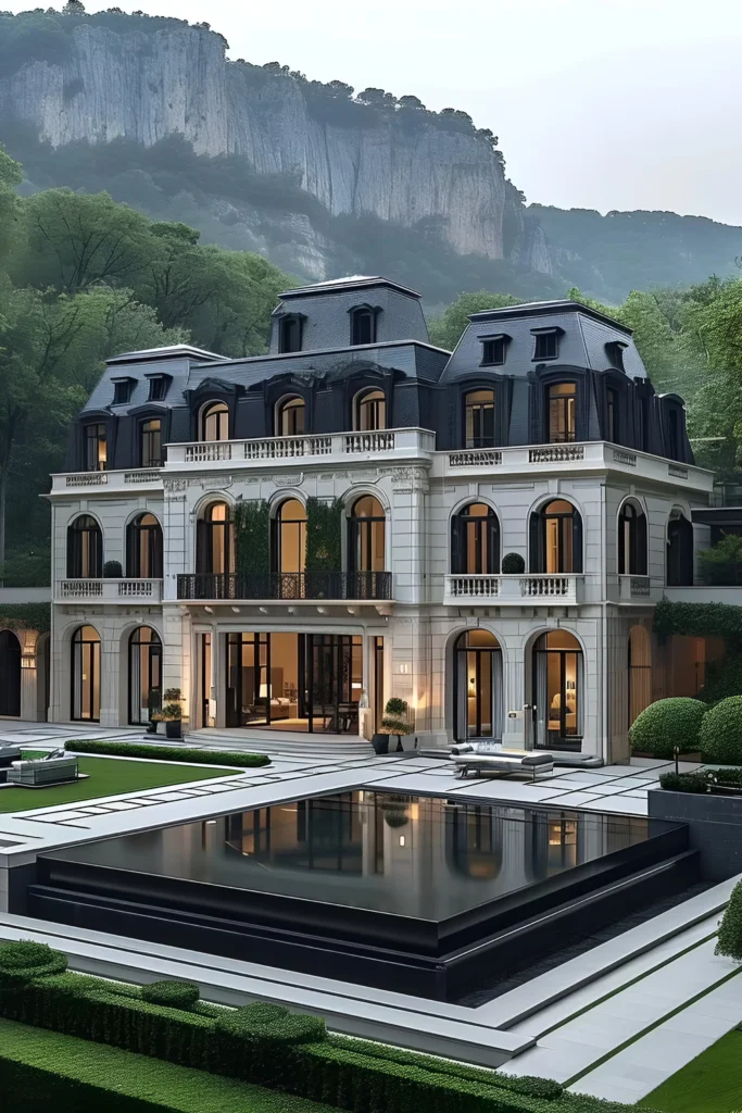 Luxury French-inspired manor with symmetrical architecture, black reflecting pool, manicured grounds, and a dramatic cliffside backdrop.