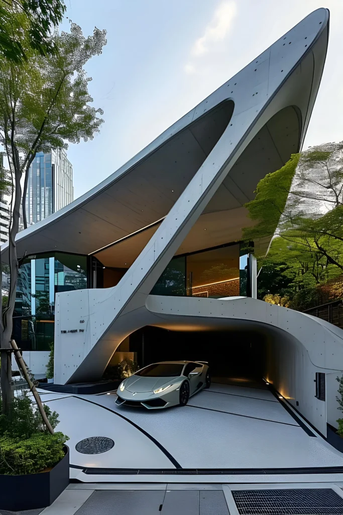 Modern luxury home with angular concrete architecture, sculptural design, and a Lamborghini parked in the driveway.