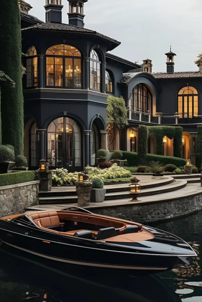 Luxury waterfront villa with arched windows, ivy-covered walls, ambient lantern lighting, and a black motorboat docked at the private waterfront.