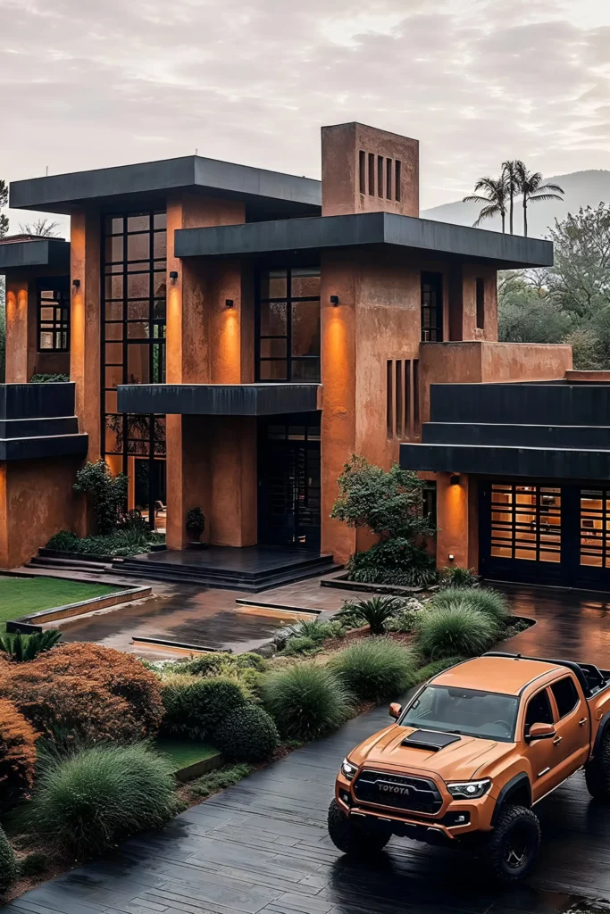 Modern desert villa with terracotta walls, sleek black accents, geometric design, lush landscaping, and an orange Toyota truck in the driveway.