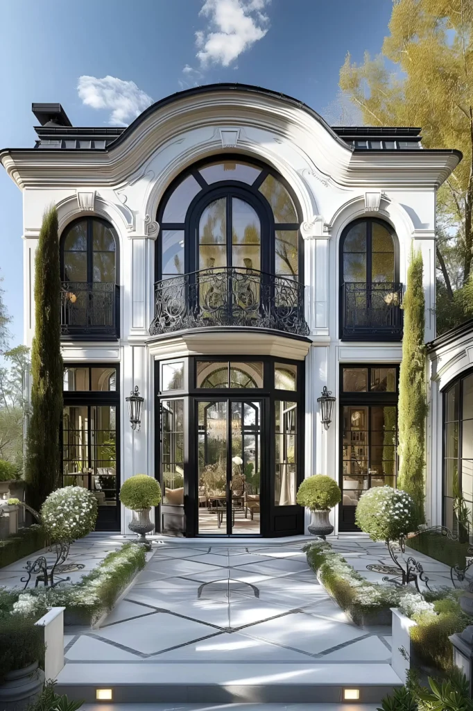 Luxury European villa with arched windows, wrought-iron balconies, manicured garden walkway, and classical architectural detailing.