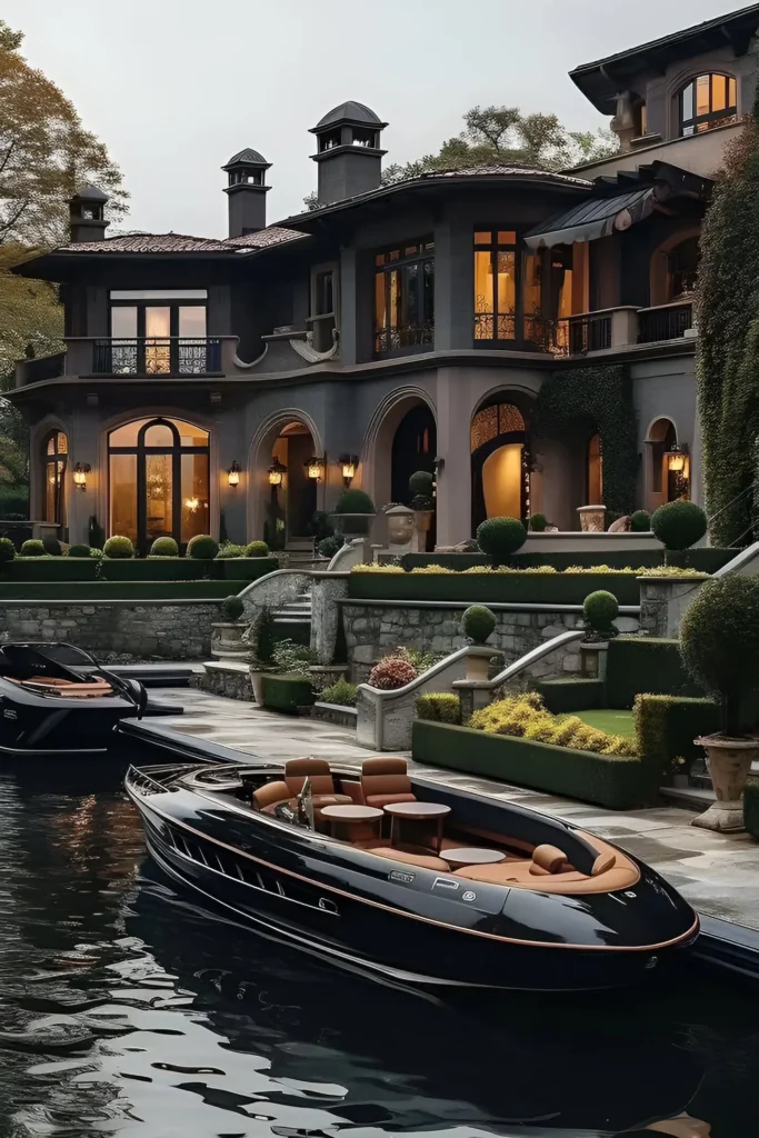 Luxury waterfront estate with ivy-covered walls, manicured gardens, arched windows, and two sleek boats with leather interiors docked by the private waterfront.