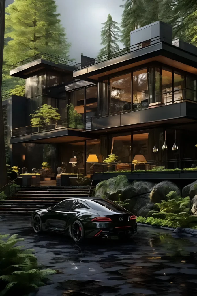 Modern forest retreat with a sleek black exterior, expansive glass walls, lush greenery, and a luxury sports car in the driveway.