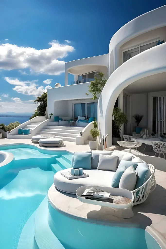 Modern coastal villa with curved white architecture, infinity pool, outdoor lounge areas, and sea views under a bright blue sky.