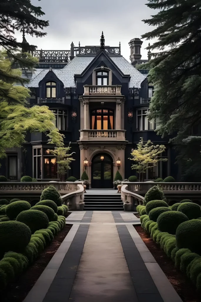 Gothic Revival mansion with a dark facade, ornate balconies, manicured hedges, and a stately entrance path surrounded by lush greenery.