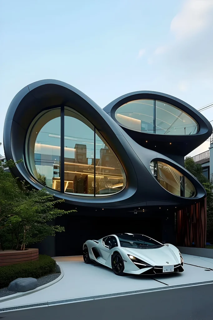 Futuristic home with oval-shaped glass windows, metallic curved architecture, and a white luxury supercar parked in the driveway.