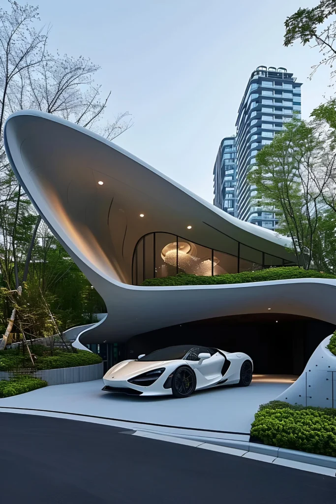 Futuristic home with organic curved architecture, lush greenery, glass walls, and a white supercar parked in the driveway.