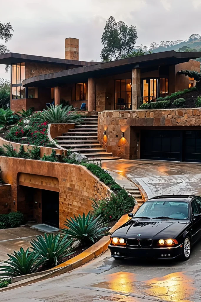 Rustic villa with a terracotta stone facade, winding staircases, lush landscaping, and a black luxury car on a wet driveway in a hillside setting.