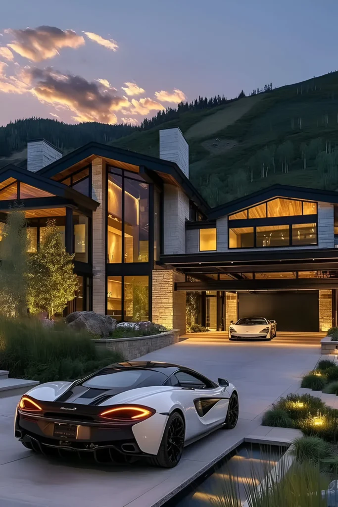 Modern luxury estate with glass windows, warm lighting, a mountain backdrop, and luxury sports cars parked in the driveway.