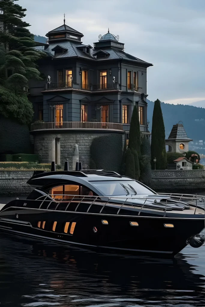 Lakeside manor with dark turreted architecture, elegant landscaping, and a sleek black yacht docked by the serene waterfront.