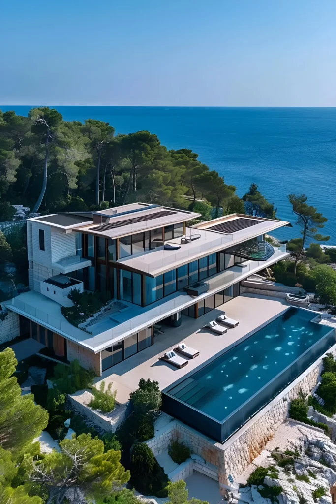 Modern cliffside villa with glass walls, an infinity pool, ocean views, and lush greenery.