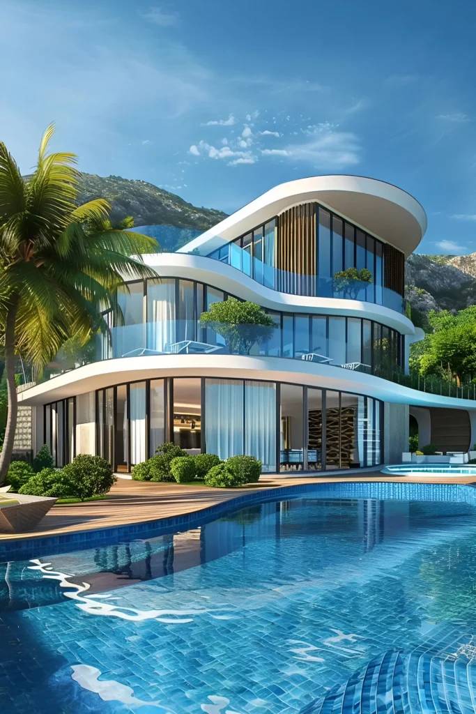 Tropical villa with wave-inspired architecture, glass walls, lush greenery, and a shimmering pool under clear blue skies.