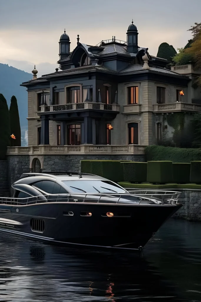 Regal waterfront mansion with European architecture, intricate detailing, and a sleek black yacht docked by the serene waters.