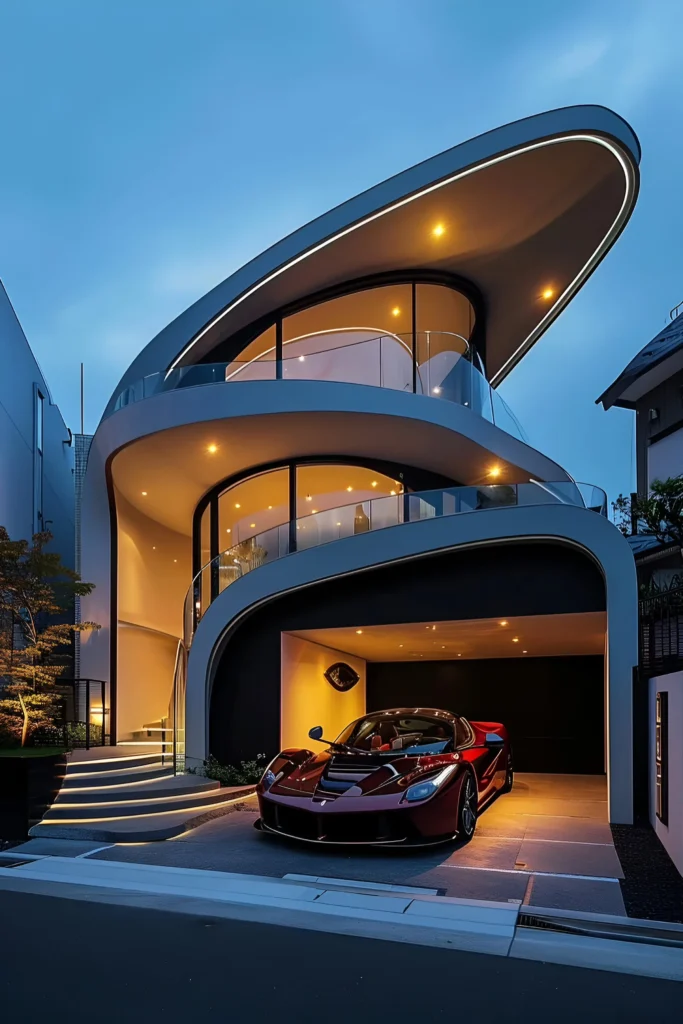 Modern urban home with curved futuristic design, glass accents, and a red luxury sports car in a well-lit garage.