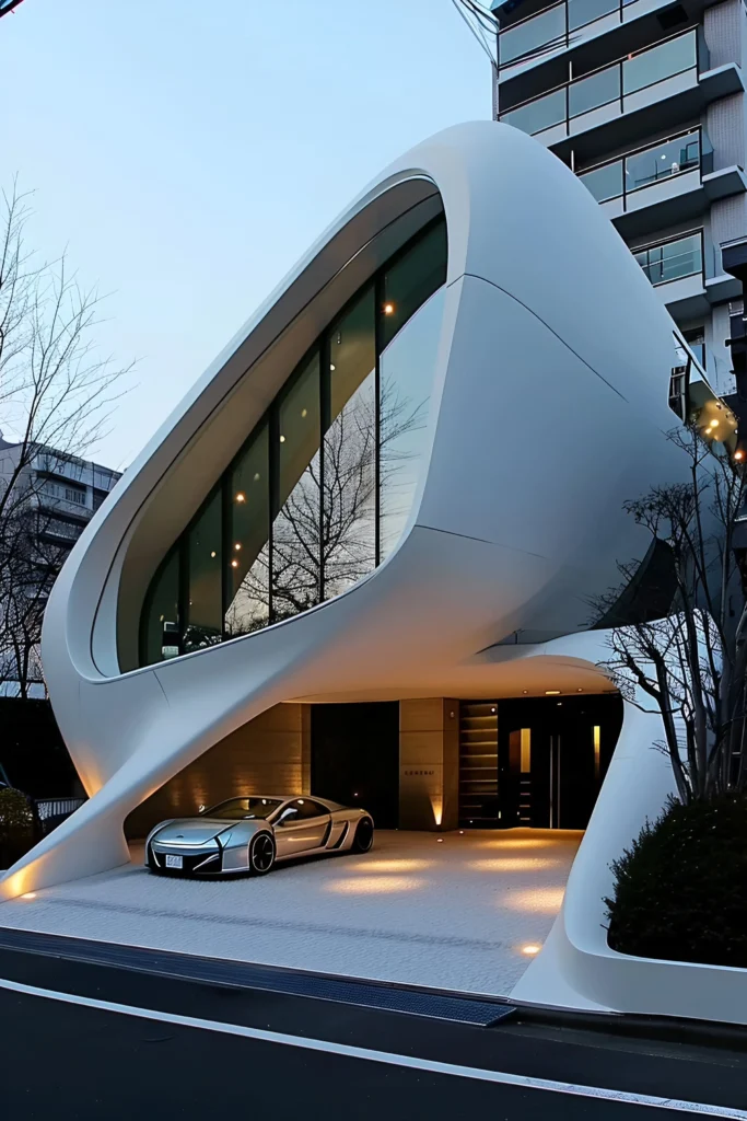 Futuristic luxury home with a sculptural curved design, large glass windows, and a silver sports car parked beneath a well-lit canopy.