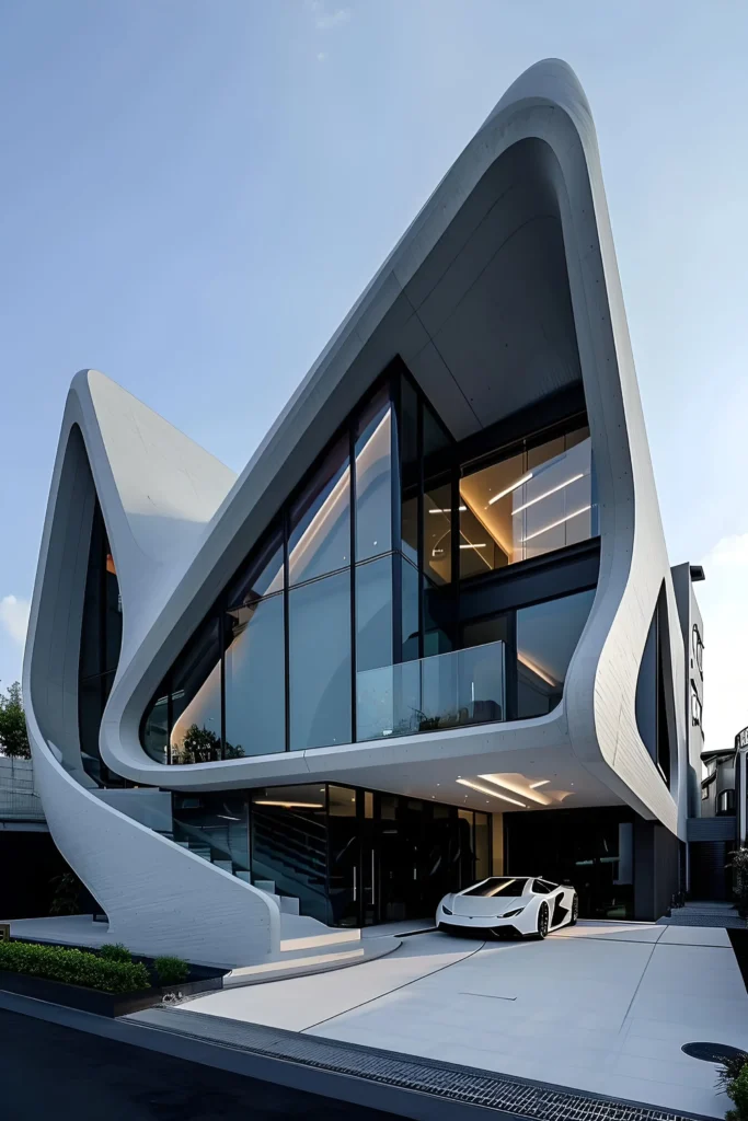 Futuristic luxury home with bold geometric design, large glass windows, and a white sports car parked under the elevated structure.