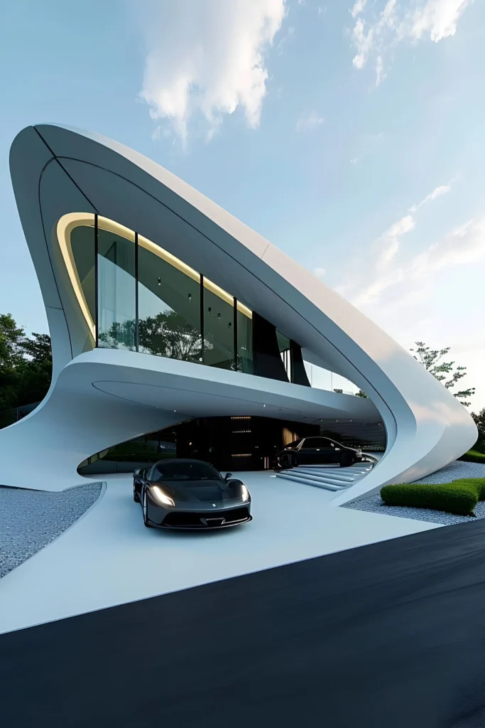 Futuristic luxury home with flowing architectural curves, a glass facade, and luxury sports cars parked beneath the elevated design.