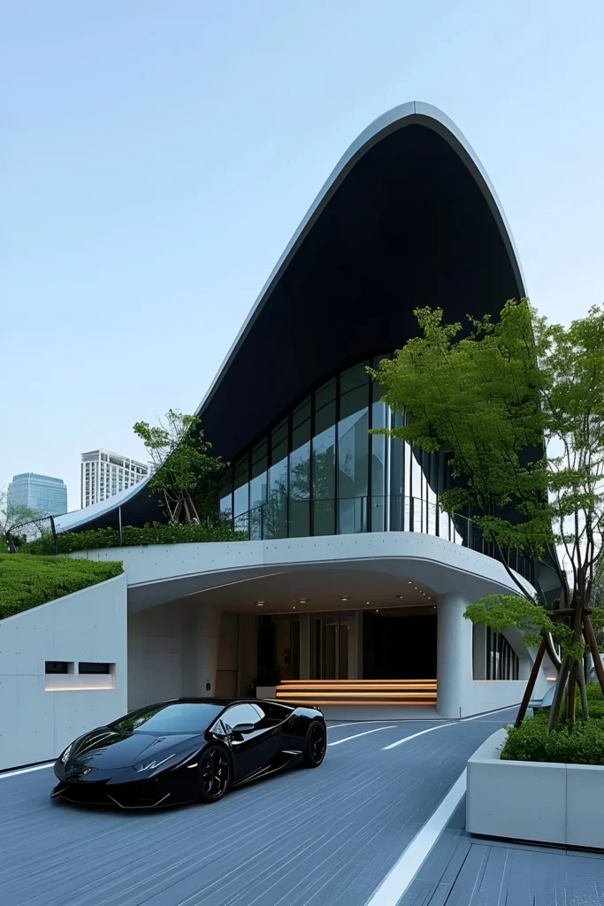 Modern architectural home with a striking curved roofline, a glass facade, and a luxurious black sports car on a sleek, minimalist driveway.