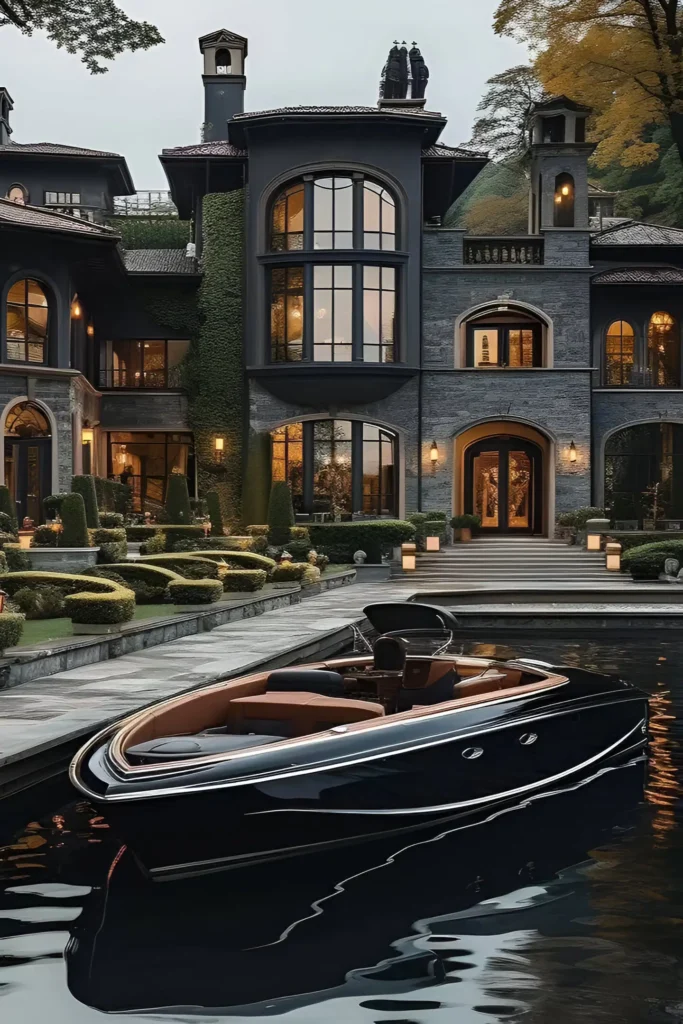 Elegant lakeside mansion with ivy-covered walls, large arched windows, and a dock featuring a black luxury speedboat on calm water.