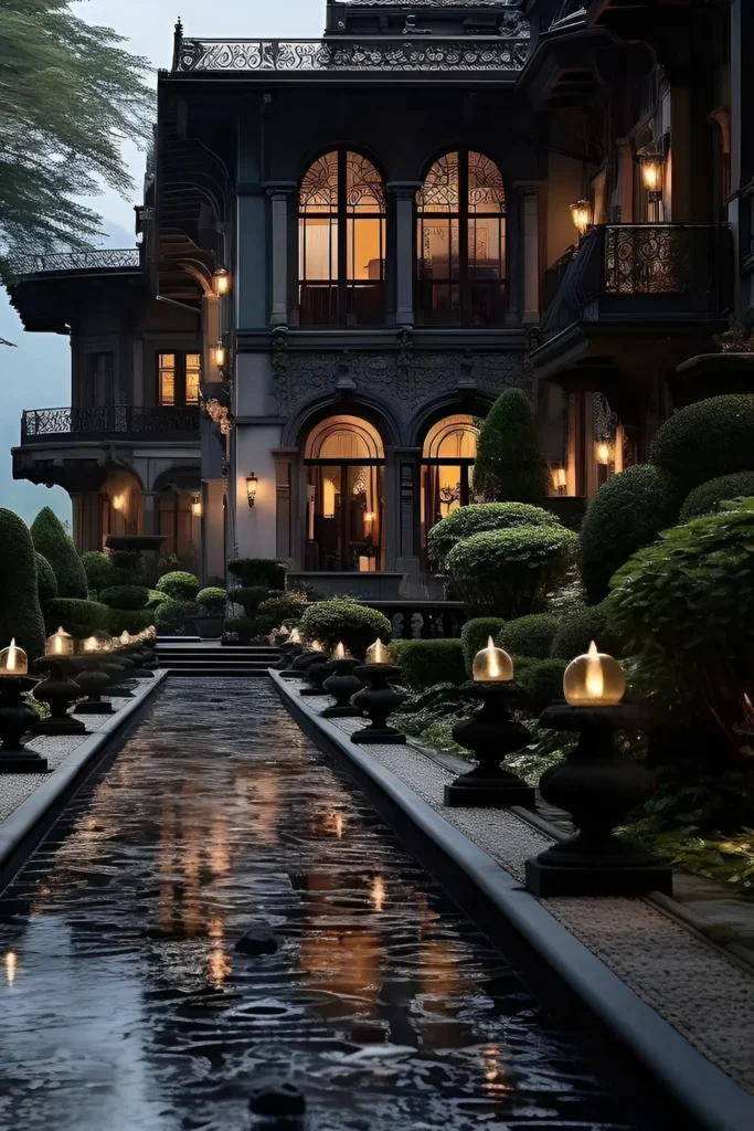 Ornate luxury manor with a lit pathway featuring a water channel, glowing lanterns, and lush manicured gardens, leading to the grand entrance.