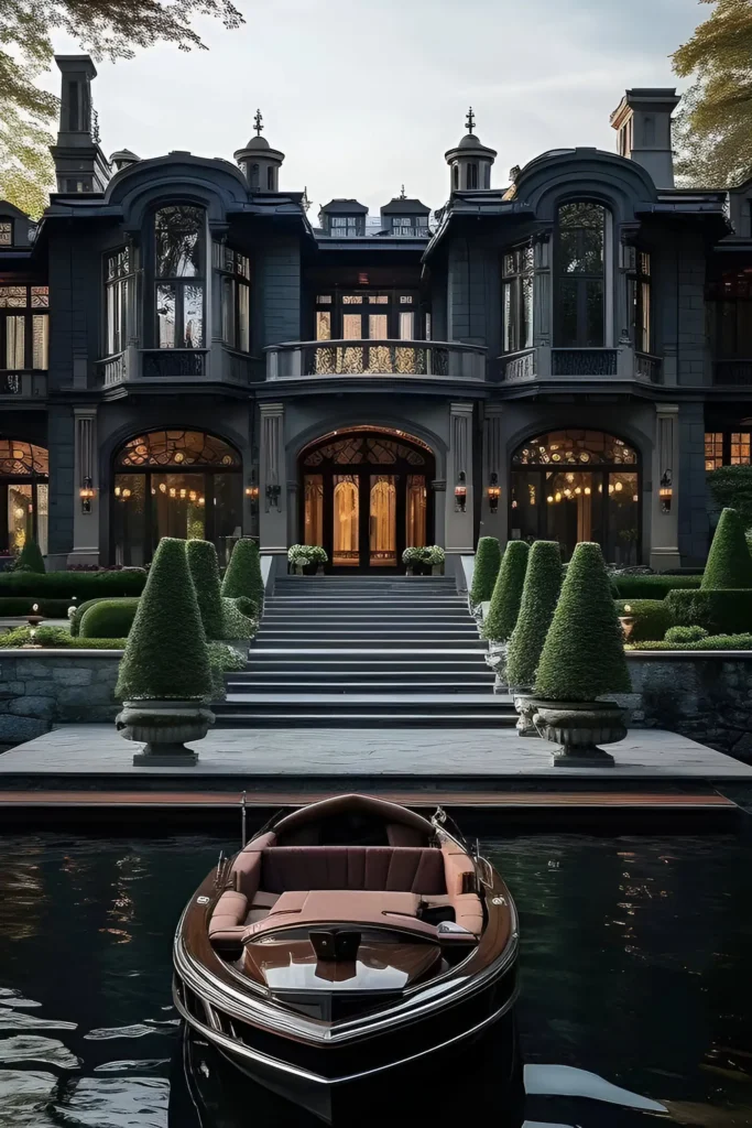 Luxurious mansion with a grand staircase, manicured gardens, and a docked luxury boat in the foreground, creating an opulent waterfront ambiance.