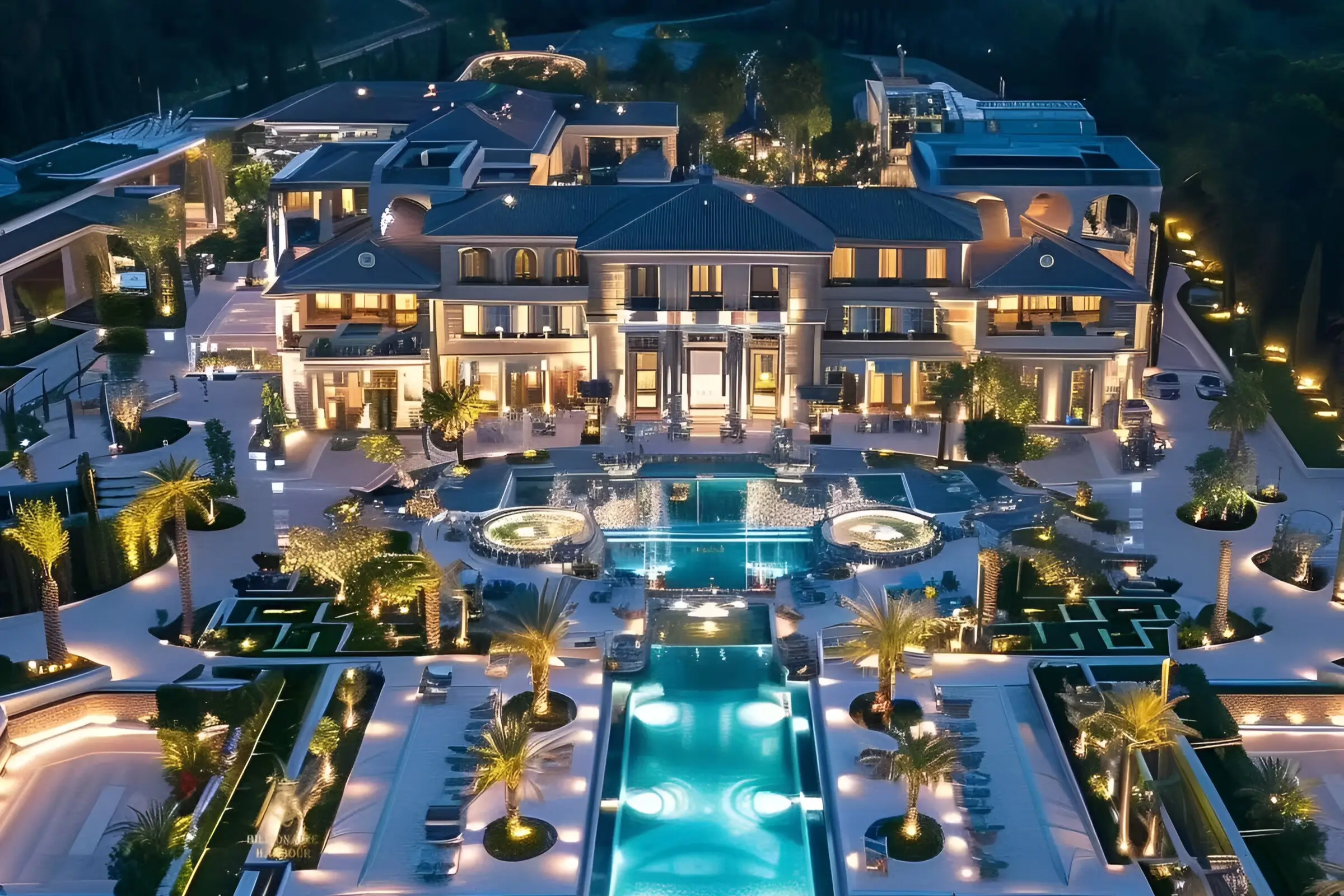 A grand luxury estate illuminated at night, featuring expansive pools, intricate fountains, palm trees, and exquisite landscaping for an unforgettable display of elegance.