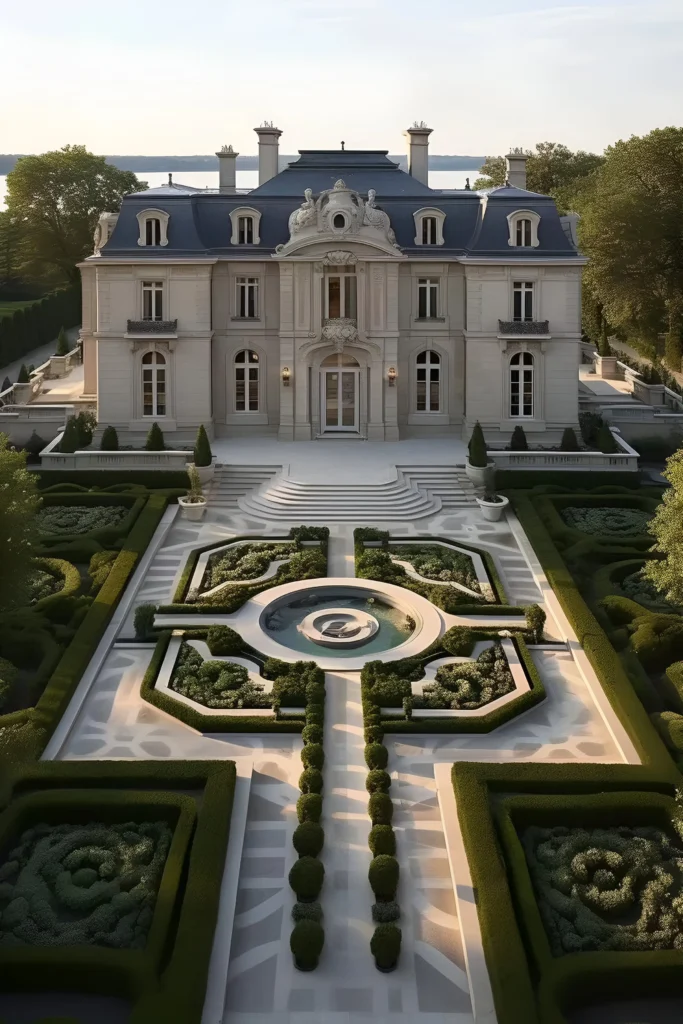 Luxury European-style mansion with detailed architecture, symmetrical gardens, and a central fountain.