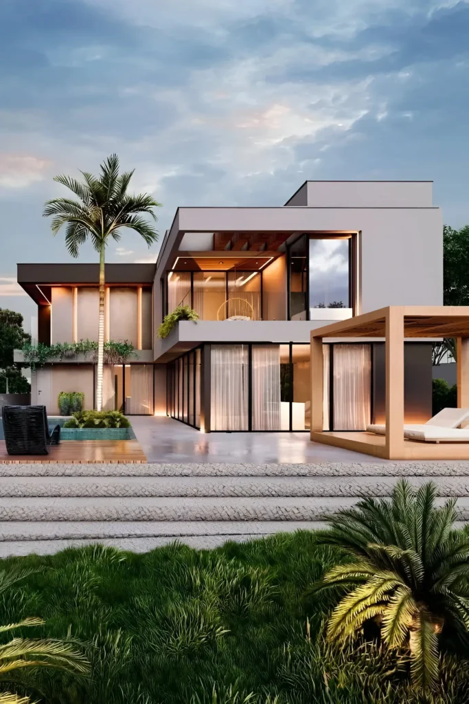  Luxury modern tropical home with glass walls, wooden accents, a poolside lounge, outdoor cabana, and lush landscaping.