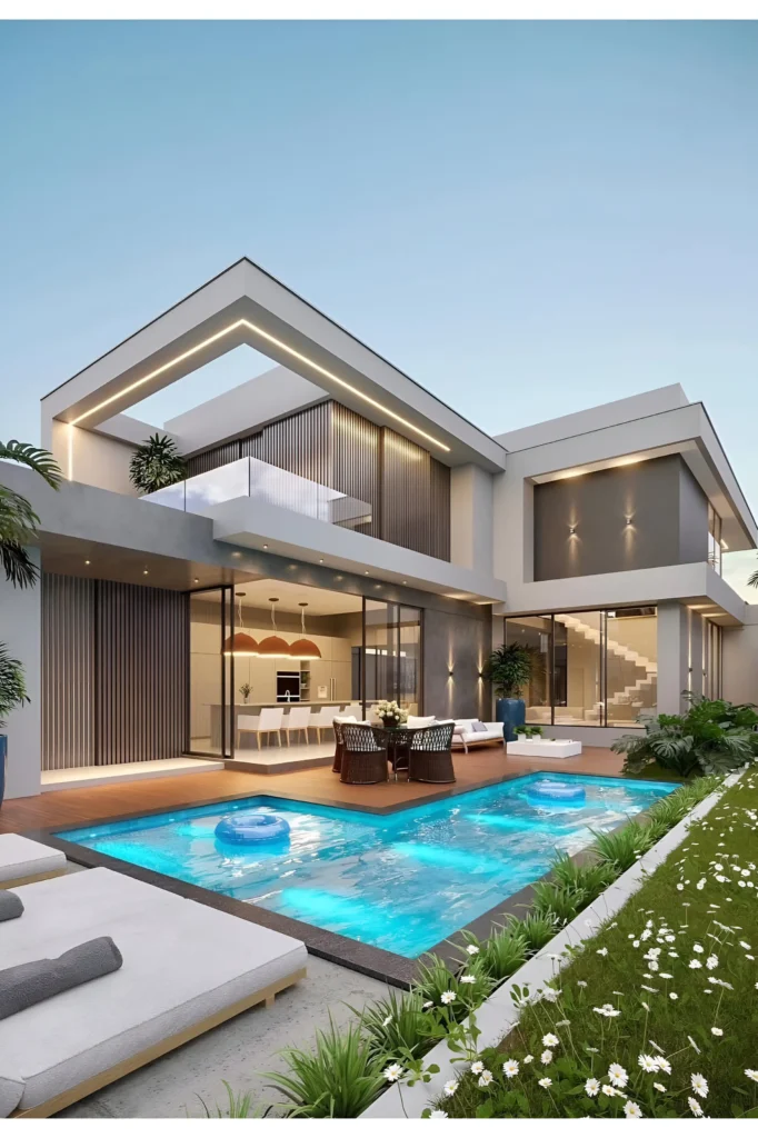 Luxury modern home with sharp geometric design, a vibrant pool area, open-concept layout, outdoor dining, and lush greenery.